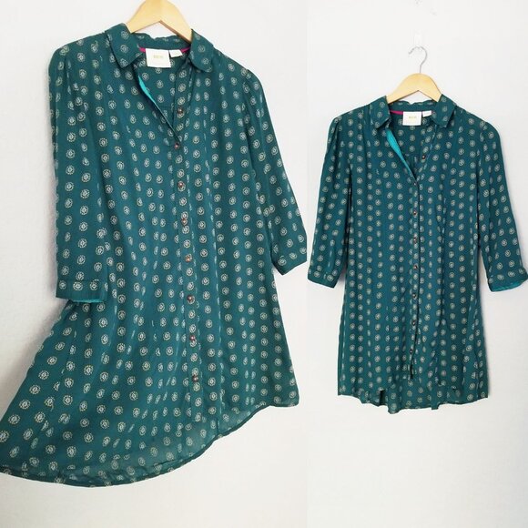 Maeve By Anthropologie Monika Button down Tunic Shirt Top XS Green Longline $128 - Picture 15 of 16